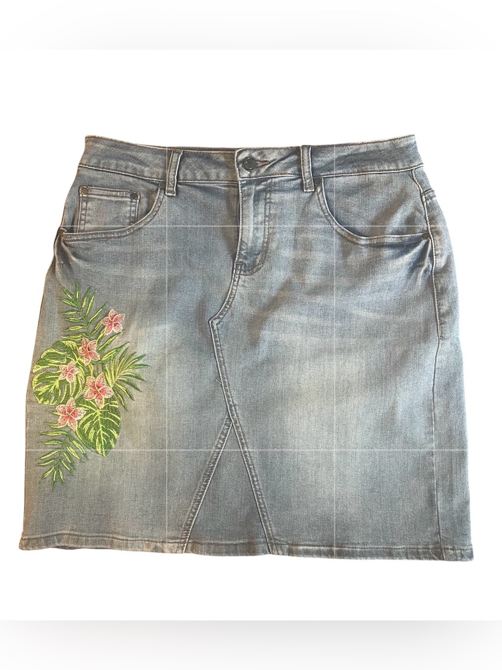 Earl jean Light Wash Denim Skirt with Tropical Floral Embroidery Sz 12